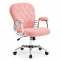 Chaise de bureau en métal et tissu rose avec accoudoirs