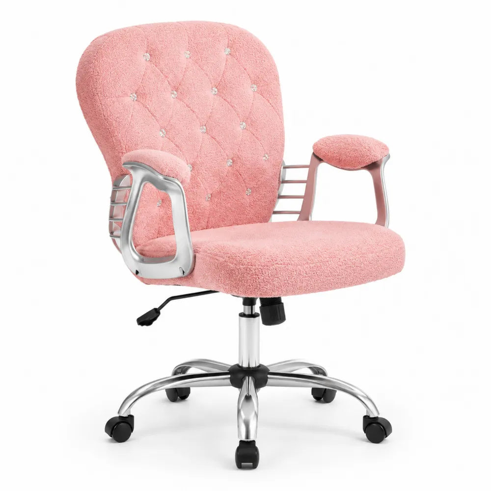 Chaise de bureau en métal et tissu rose avec accoudoirs