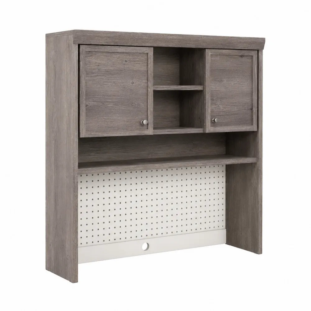 Rangement mural en bois avec portes et étagères en chêne gris