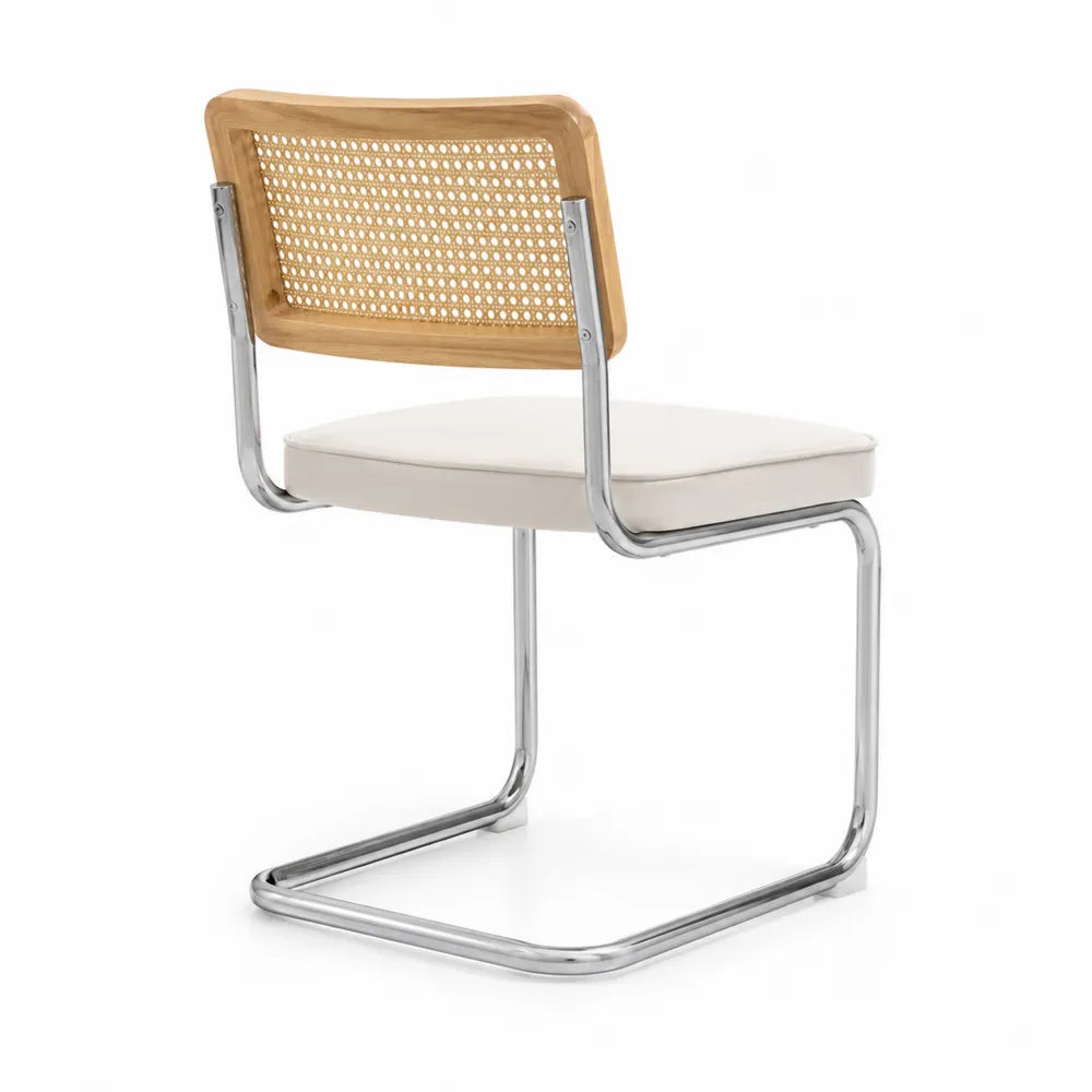 Chaise en métal chromé et bois de hêtre avec assise en similicuir