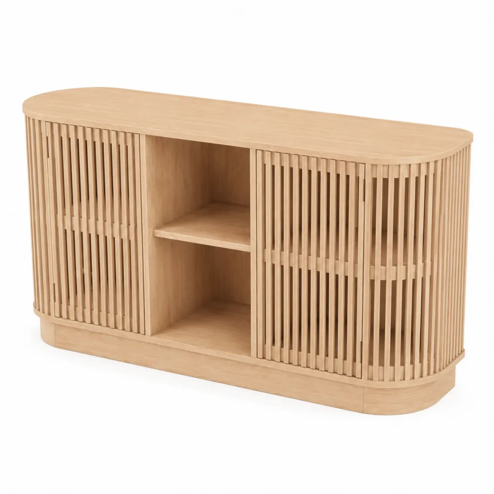 Meuble TV en bois avec étagères ajourées 160 cm