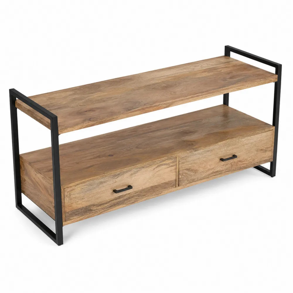 Meuble TV en bois de manguier et métal avec tiroirs, 120x40x50 cm