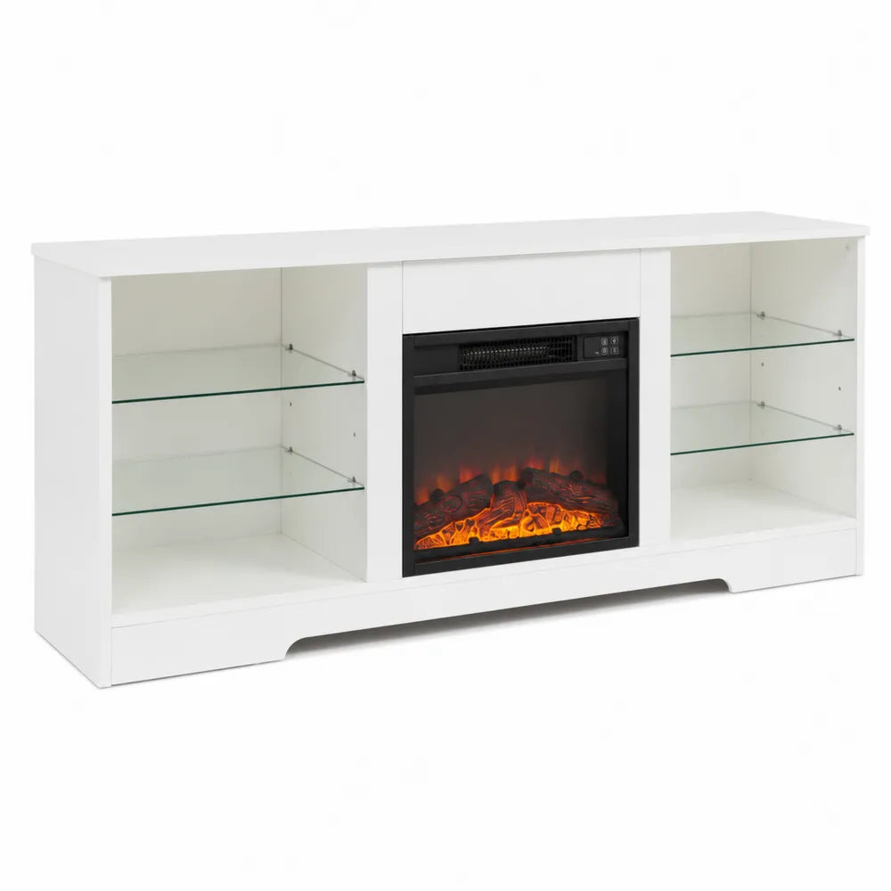 Meuble TV avec cheminée électrique et étagères en verre Blanc