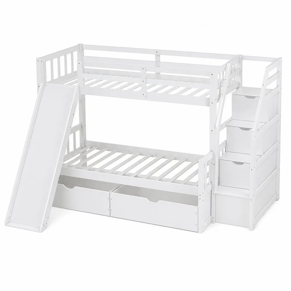 Lit Superposé avec Toboggan et Rangement Bois Blanc