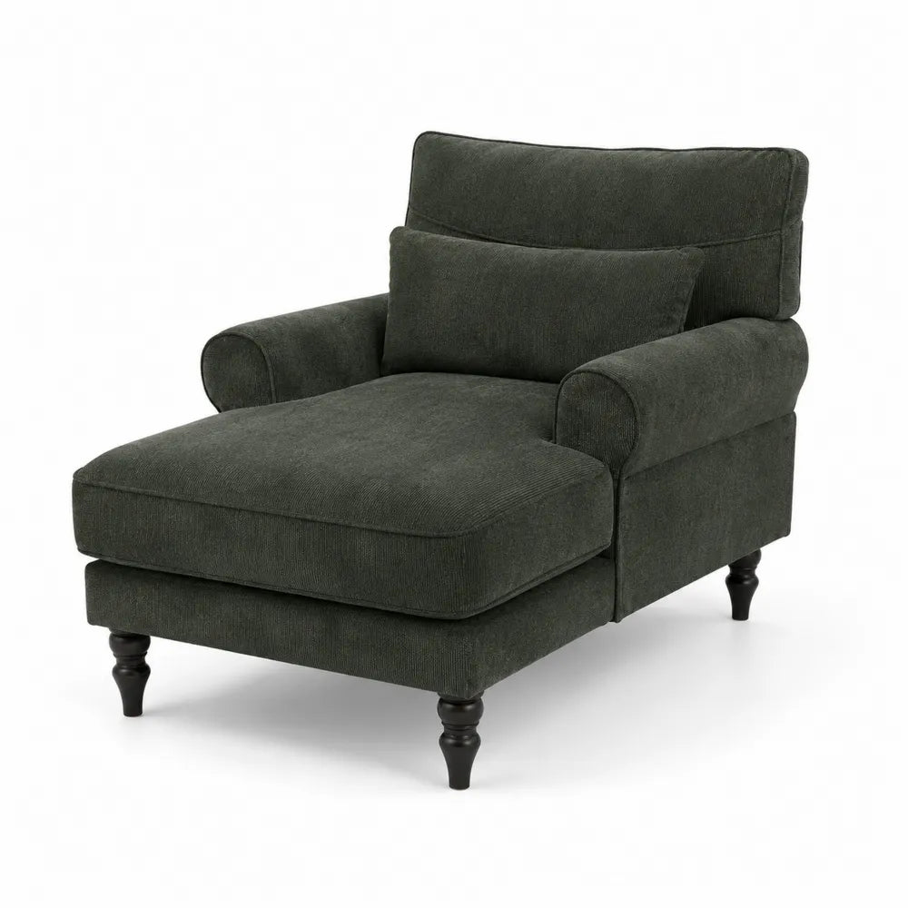 Chaise longue en tissu avec accoudoirs et pieds en bois, 90 x 150 x 85 cm